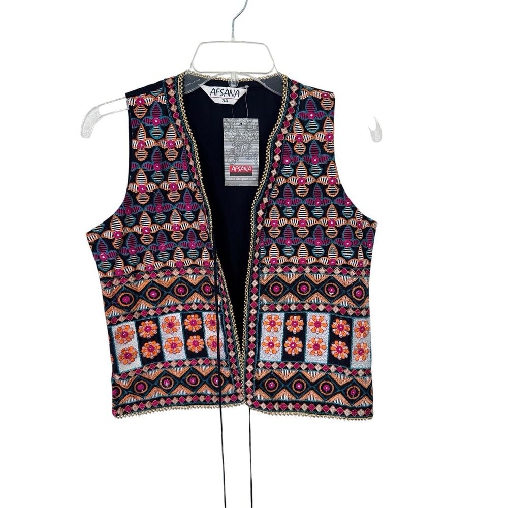 Afsana‎ Embroidered Woman Colorful Vest Black Orange Pink Beaded NWT